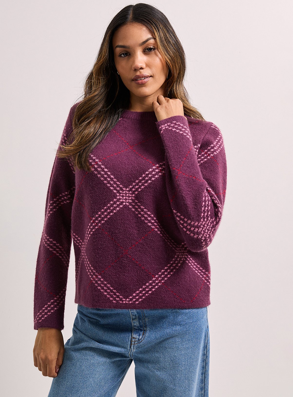 DOROTHY PERKINS Berry Argyle Jumper XL - Image 1 thumbnail